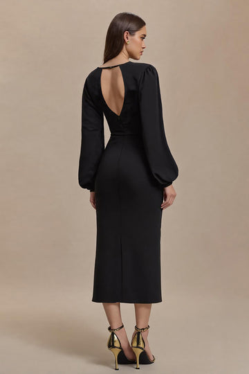Black Sheath Long Sleeve Midi Work Dress With Slit
